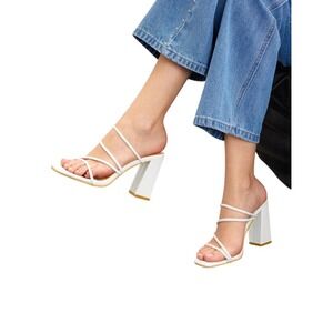 Cuccoo White Strappy Block Heel Sandals Square Toe Slip On Mules Womens Size 7.5